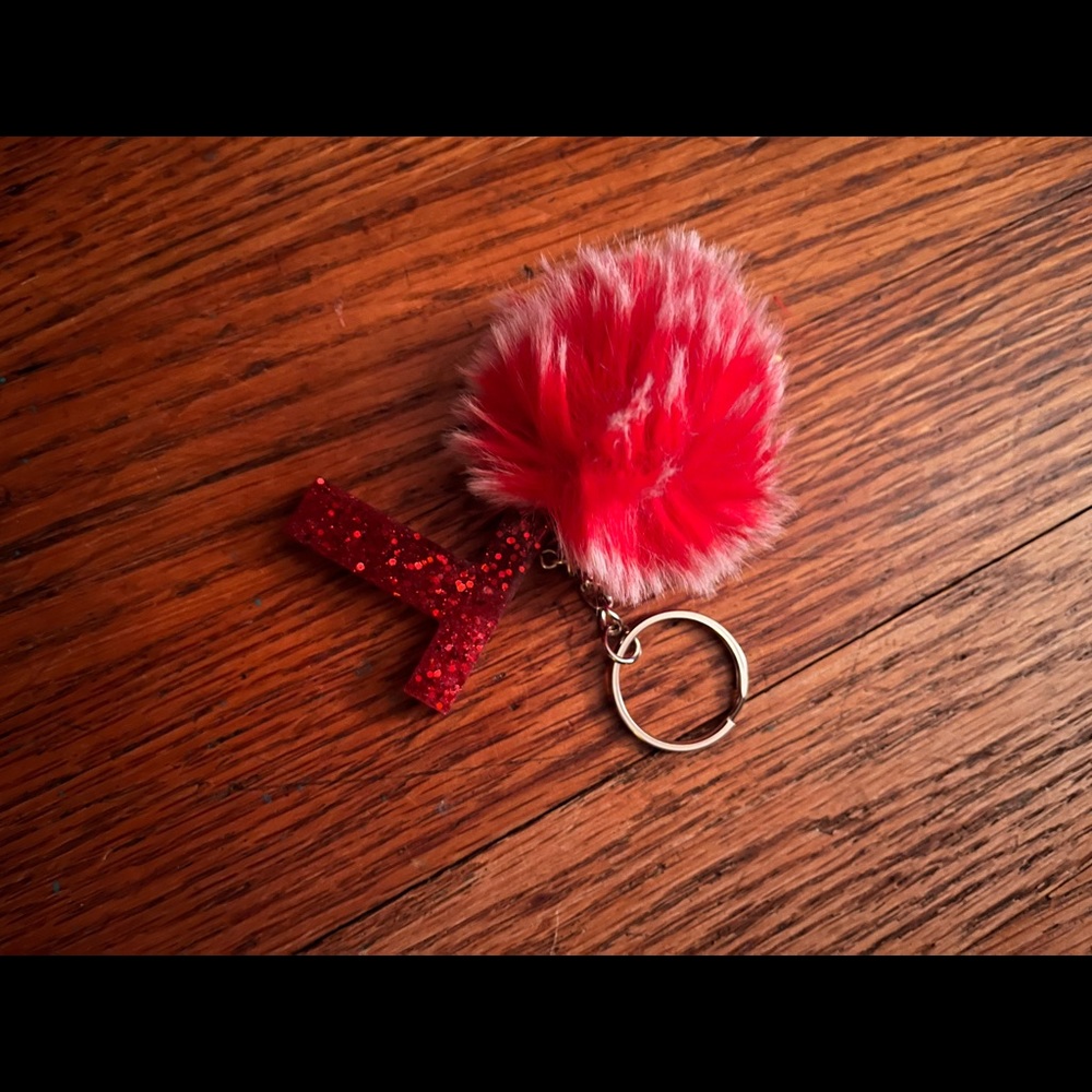 Red glitter T resin keychain with white and red fuzzy pom pom handmade